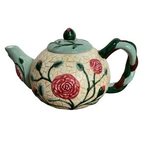 Flowers Inc Balloons Hand Painted Ceramic Teapot Roses Green Aqua Brown Handle